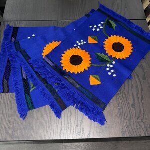 4 Weaved Bright Royal Blue Placemats Floral Embroidered Sunflowers Orange *read